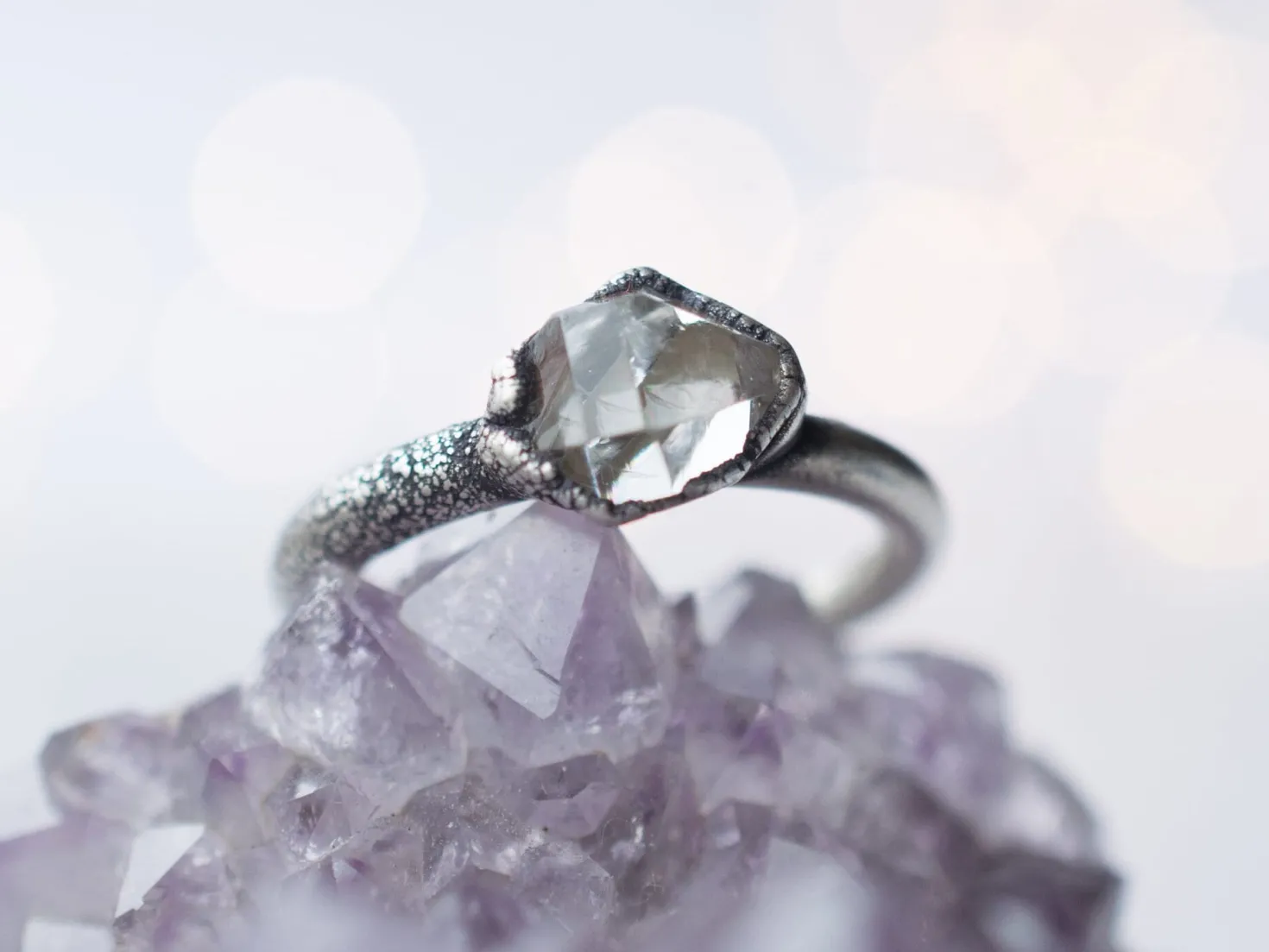 Oxidized silver raw crystal ring | Herkimer diamond ring