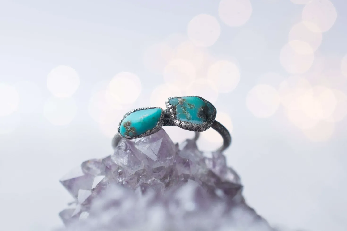 Oxidized silver turquoise ring | Raw turquoise stacking ring